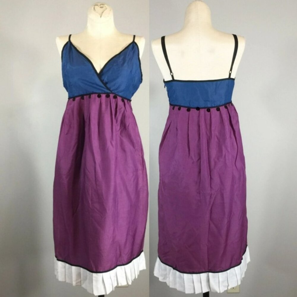 New Nelli Coquette Empire Slip Dress Silk Cotton Colorblock V-Neck Sz 6 Babydoll